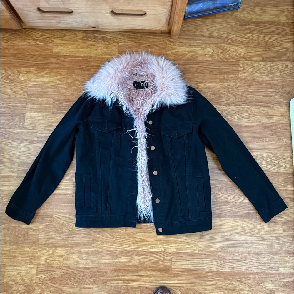 Black Jean Jacket with Pink Faux Fur Lining and Collar